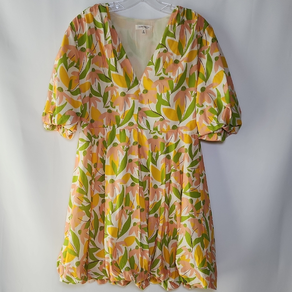 CAROLE CHRISTIAN Floral Puff Sleeve V-Neck Mini Dress - Pink, Yellow & Green
